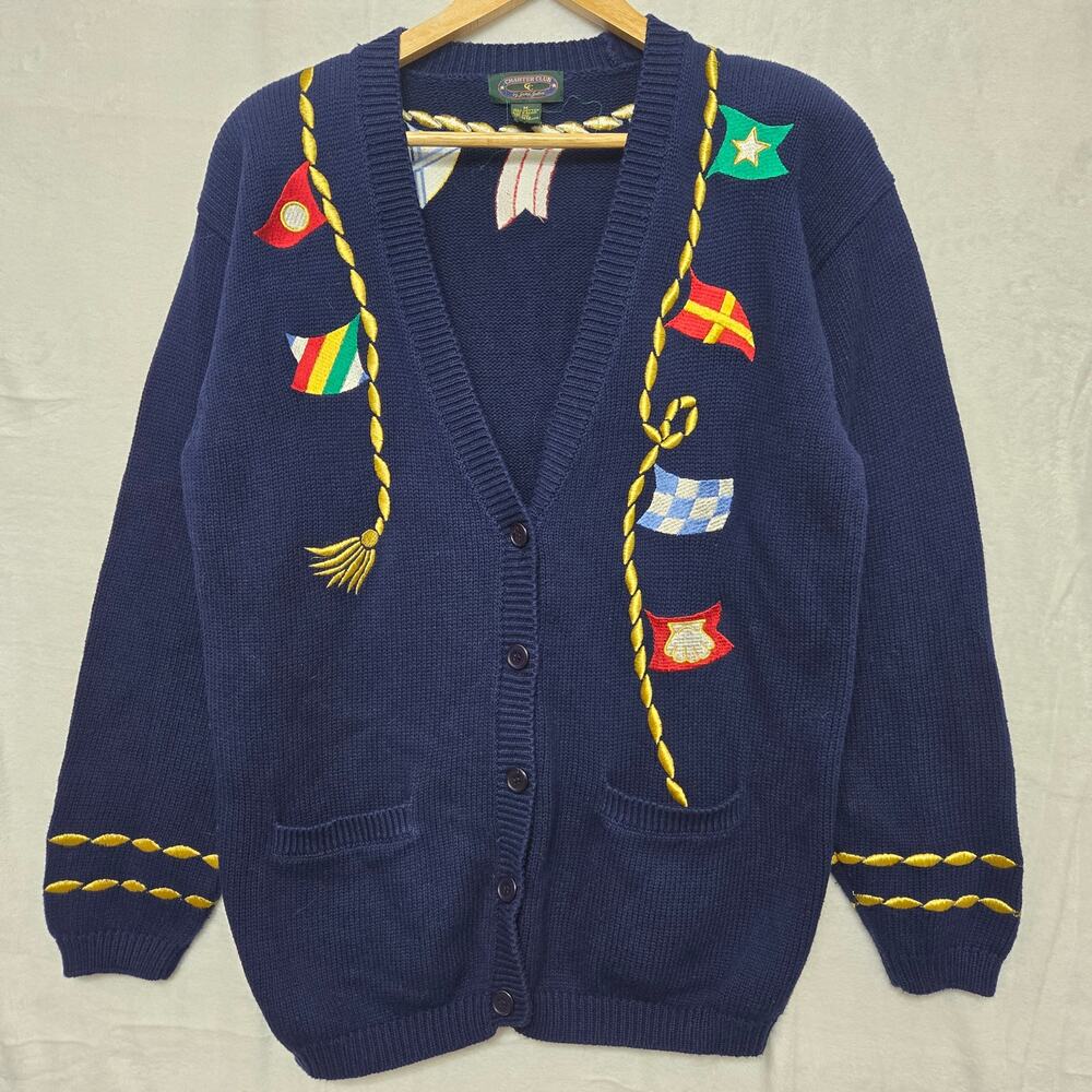 Charter Club Womens Vtg 90s Preppy Fisherman Flag Embroidered Cardigan Sweater M